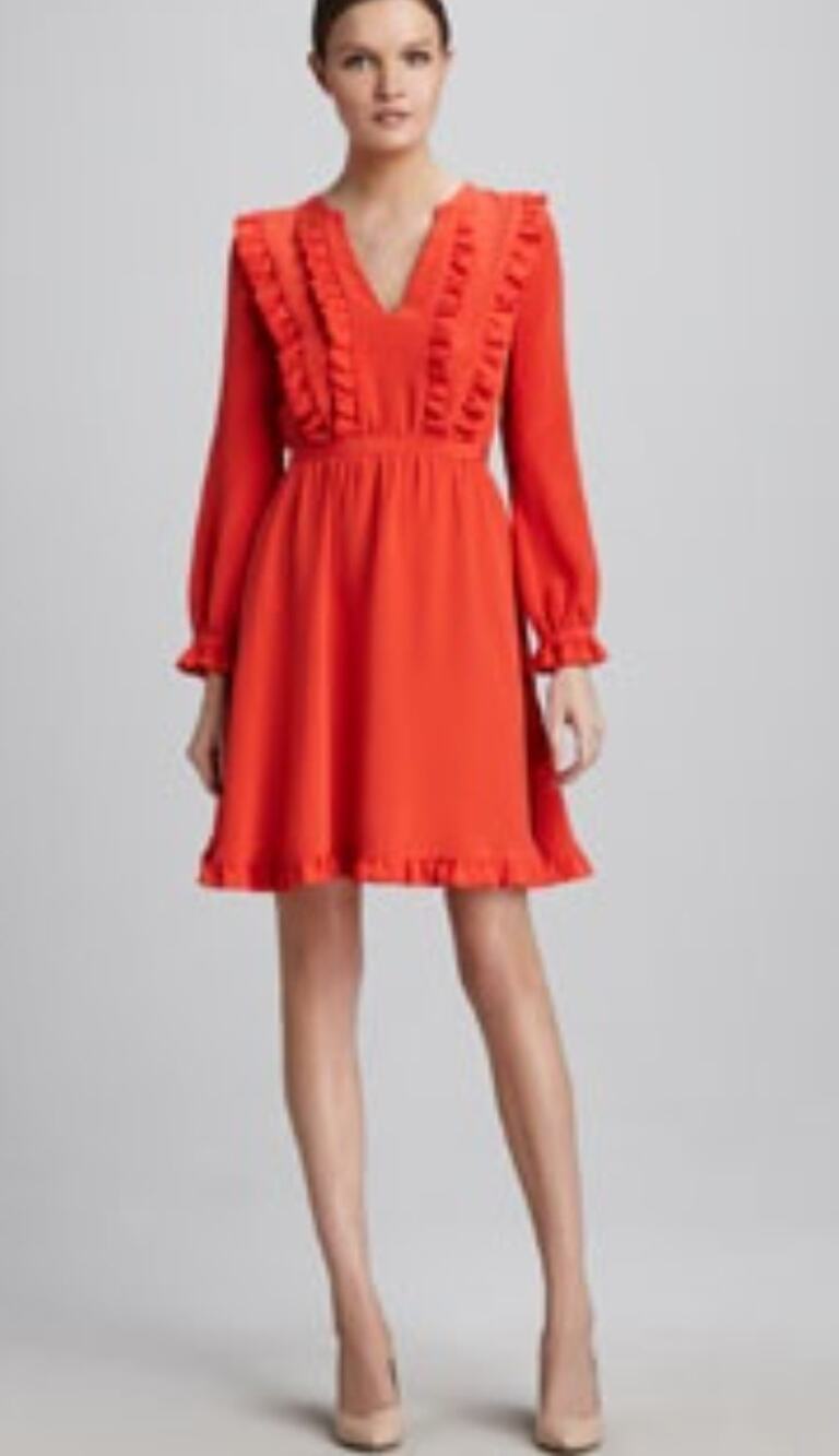 Kate Spade New York 100% Silk Ruffle V-neckline A Line Dress Long Sleeves